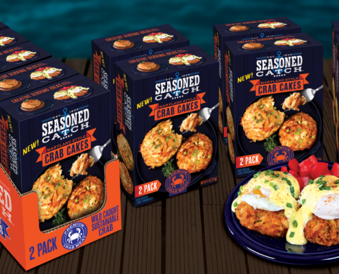 Seasoned Catch Maryland Style Crab Cakes in packaging and on a plate with poached eggs